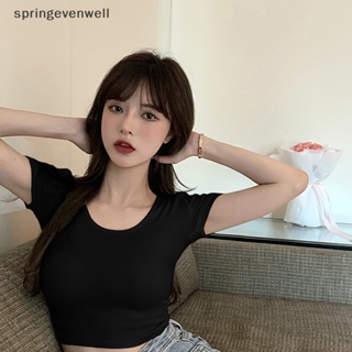 [springevenwell] ใหม่ พร้อมส่ง เสื้อยืดครอปท็อป คอกลม แขนสั้น สีพื้น เซ็กซี่ ฤดูร้อน สําหรับผู้หญิง