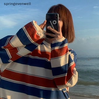 [springevenwell] เสื้อยืดลําลอง แขนยาว คอกลม ทรงหลวม ลายทาง แฟชั่นฤดูใบไม้ร่วง สําหรับสตรี