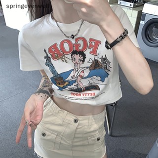 [springevenwell] ใหม่ พร้อมส่ง เสื้อยืดครอปท็อป คอกลม แขนสั้น พิมพ์ลาย สไตล์เรโทร แฟชั่นฤดูร้อน สําหรับผู้หญิง