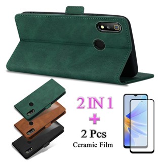 2 IN 1 เคสโทรศัพท์หนัง ฝาพับ พร้อมช่องใส่บัตร หน้าจอเซรามิค สองชิ้น สําหรับ Realme 3