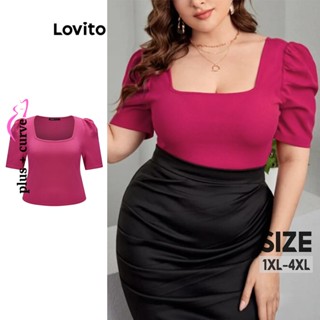 Lovito เสื้อยืดพลัสไซซ์ ทรงโค้ง หรูหรา สีพื้น คอสี่เหลียม สำหรับสตรี LBE02033 (ฮอตพิงค์)