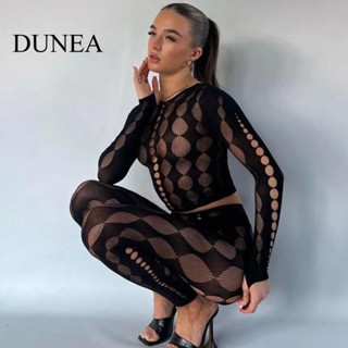 Dunea เสื้อท็อป ผ้าถัก ฉลุลาย 2 ชิ้น และกางเกงเอวสูง ลําลอง เซ็กซี่ สําหรับผู้หญิง