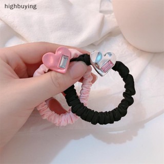 [highbuying] ยางรัดผมหางม้า ผ้าไหมนิ่ม ยืดหยุ่น ลายหัวใจน่ารัก ขนาดใหญ่ สีดํา สีชมพู สําหรับเด็กผู้หญิง พร้อมส่ง