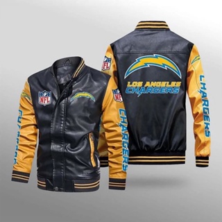 NFL Chargers football team custom jacket long sleeve plus fleece warm stitching color PU leather baseball uniform windproof jacket