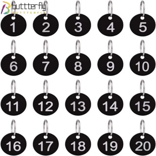 Buttterfly พวงกุญแจตัวเลข ทรงกลม 35 มม. 1-20 สีดํา สําหรับสํานักงาน 20 แพ็ค