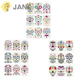 Jane สติกเกอร์รอยสักชั่วคราว รูปกะโหลกศีรษะ สําหรับตกแต่งปาร์ตี้ฮาโลวีน 9 ชิ้น ต่อชุด