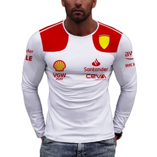 F1 ใหม่ เสื้อยืดลําลอง แขนยาว ลายทีม Ferrari สีขาว สําหรับผู้ชาย Charles Leclerc 16 Carlos Sainz 55 Driver