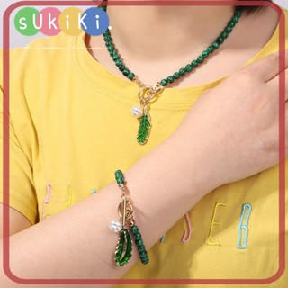 Sukiki สร้อยคอ จี้หิน สีเขียว สไตล์เรโทร เครื่องประดับแฟชั่น