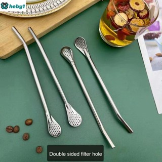 1pcs 304 สแตนเลสสตีลฟาง Colander Creative Dual-Purpose Mate ช้อนนมชากาแฟเครื่องดื่มกวนกรองฟางช้อน heby1