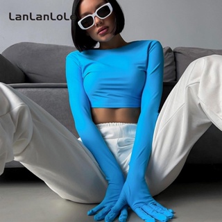 Lanlanlolo เสื้อคอกลม แขนยาว สีพื้น แฟชั่น สําหรับผู้หญิง 2023