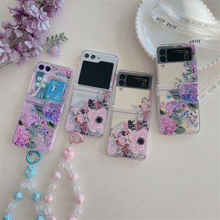 3in1 เคสโทรศัพท์มือถือแบบแข็ง ใส ลายดอกไม้สีม่วง ชมพู พร้อมสายคล้องมือ สําหรับ Samsung Galaxy Z Flip5 Flip4 Flip3 Z Flip 3 4 5 5G