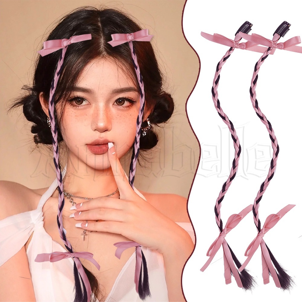กิ๊บติดผมหางม้าจําลอง แบบถัก ประดับโบว์สองชั้น อุปกรณ์เสริม สําหรับต่อยมวย Y2K