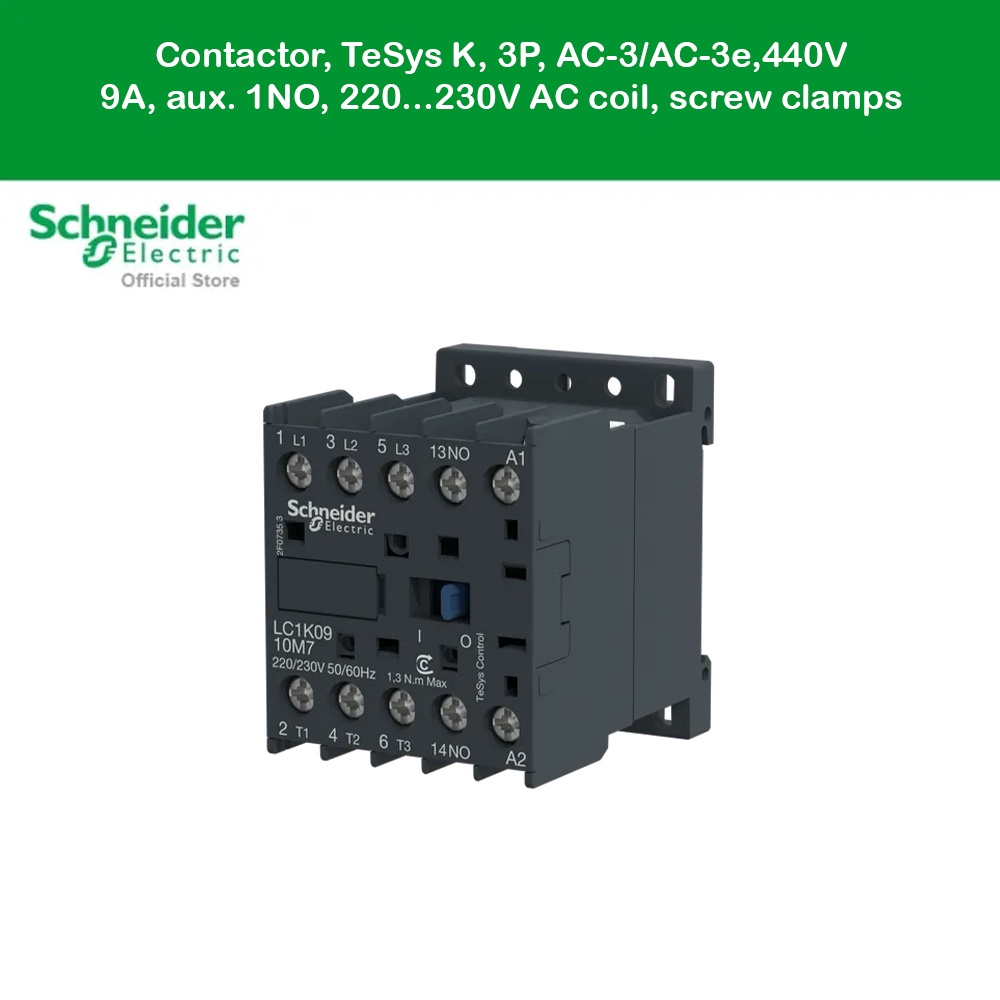 Schneider Contactor, TeSys K, 3P, AC-3/AC-3e,440V 9A, aux. 1NO, 220...230V AC coil, screw clamps l L