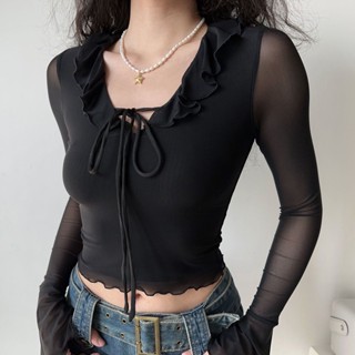[Mesh Top] เสื้อยืดแขนยาว คอวี ผ้าตาข่าย แต่งระบาย สีดํา สไตล์ยุโรป อเมริกัน เซ็กซี่ สําหรับผู้หญิง