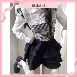 [littlefish] กระโปรงพัฟฟี่ เอวสูง ลดอายุ ลายลูกไม้น่ารัก สไตล์เกาหลี สําหรับเด็กผู้หญิง