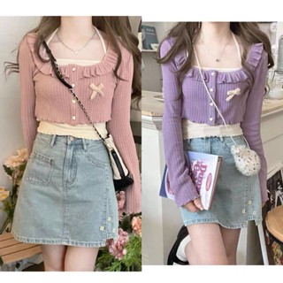 เสื้อแจ็กเก็ตคาร์ดิแกน แต่งระบาย เสื้อเบลาส์ ผูกโบว์
