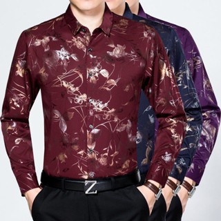 Spot high-quality] long-sleeved shirt mens printed father clothes loose middle-aged shirt mens shirt thin father blouse business casual shirt boys wear