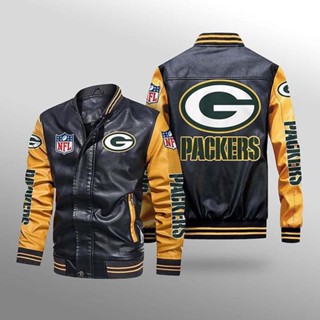 NFL Packers football team custom jacket long sleeve plus fleece warm stitching color PU leather baseball uniform windproof jacket