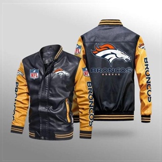 NFL Broncos football team custom jacket long sleeve plus fleece warm stitching color PU leather baseball uniform windproof jacket