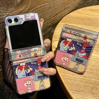 เคสโทรศัพท์มือถือแบบแข็ง กันกระแทก ลายการ์ตูนสพันจ์บ็อบน่ารัก พร้อมสายโซ่คล้อง สําหรับ Samsung Galaxy Z Flip5 3in1 Z Flip 3 Flip 4