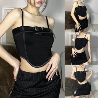 เสื้อครอปท็อป หนังเทียม แต่งหัวเข็มขัด สีพื้น สําหรับผู้หญิง