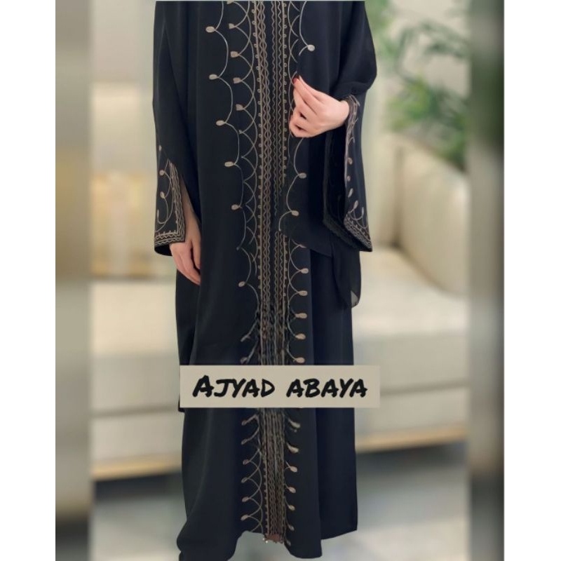 AJYAD ABAYA BLACK EMBROIDERED JETBLACK MATERIAL UNIQUE SLEEVE END ALKHATIB COLLECTION ADULT SML XL X