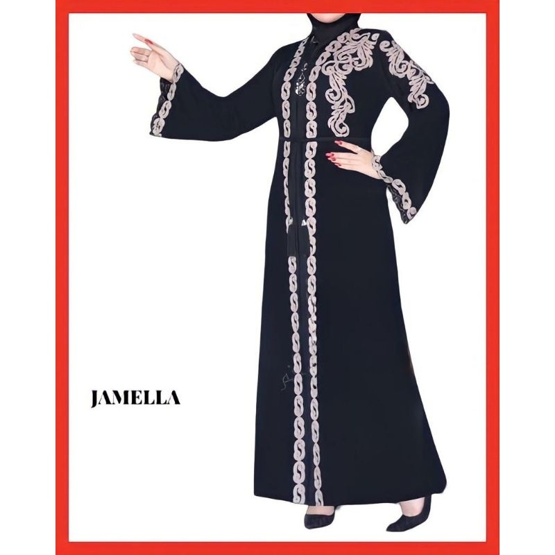 ABAYA JAMELLA EMBROIDERED MATERIAL JETBLACK เกรด A BUSUI FRIENDLY ALKHATIB COLLECTION ADULT SML XL X