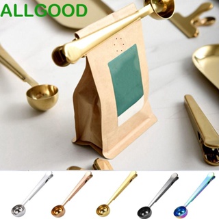 Allgoods ช้อนกาแฟ สเตนเลส สีทอง สีเงิน พร้อมคลิปหนีบถุง 2-in-1