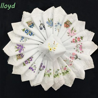 Lloyd ผ้าเช็ดหน้า ผ้าฝ้าย 100% ปักลายผีเสื้อ ดอกไม้ สีขาว สุ่มสี สําหรับผู้หญิง 6 ชิ้น