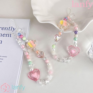 Lanfy สายคล้องโทรศัพท์มือถือ ประดับโบว์ ลูกปัดสี รูปหัวใจ ป้องกันการสูญหาย