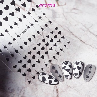 Aroma สติกเกอร์ติดเล็บ ลายหัวใจ สีดํา มีกาวในตัว สําหรับตกแต่งเล็บ DIY