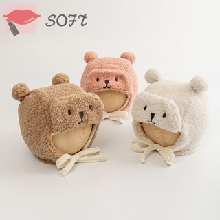 Softness หมวกไหมพรม ผ้ากํามะหยี่ ลายหมีน่ารัก ให้ความอบอุ่น สําหรับเด็กทารกแรกเกิด 0-8 เดือน