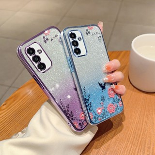 เคสโทรศัพท์มือถือแบบนิ่ม TPU กันกระแทก แต่งกลิตเตอร์ ไล่โทนสี ลายดอกไม้ หรูหรา สําหรับ Samsung Galaxy A14 LTE 4G 5G A13 A12 A12 A04 A04E A03 A03E