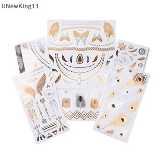 Unewking สติกเกอร์รอยสักชั่วคราว ลายขนนก สีทอง กันน้ํา เซ็กซี่ สําหรับติดตกแต่งสร้อยคอ สร้อยข้อมือ