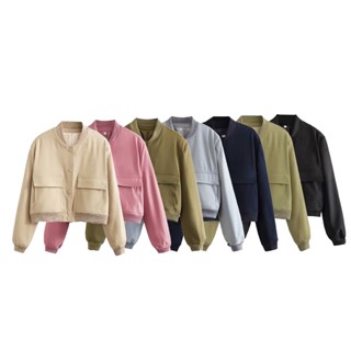 เสื้อแจ็กเก็ต ตัวสั้น แต่งกระเป๋า ขนาดใหญ่ แฟชั่น 9621