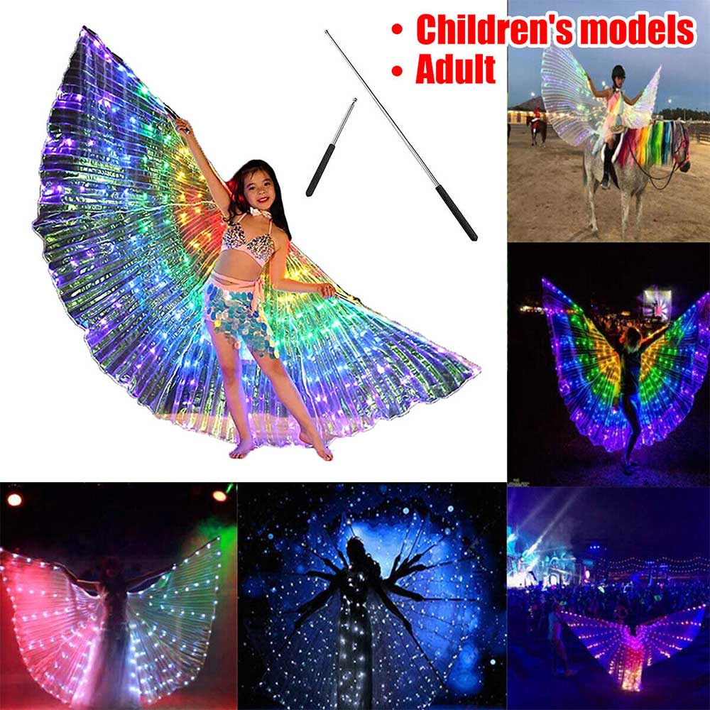 LED Isis Wings Belly Dance Wings Colorful Butterfly Wings w/ Telescopic Sticks Glowing Light Up Cost