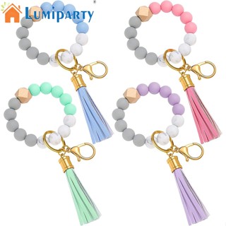 Lumiparty 4 ชิ้น ซิลิโคน สีแคนดี้ สร้อยข้อมือโซ่ แหวน พวงกุญแจ สร้อยข้อมือ พร้อมพู่ หนัง Pu สําหรับผู้หญิง