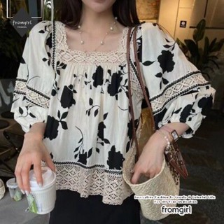 เสื้อเชิ้ตแขนบอลลูน คอสี่เหลี่ยม พิมพ์ลายลูกไม้ แฟชั่นฤดูร้อน