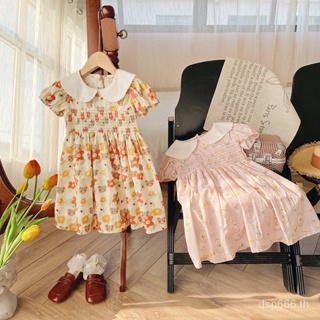 Korean style childrens clothing print girls dress 2023 Summer bear doll lapel foreign childrens short-sleeved skirt PLMT