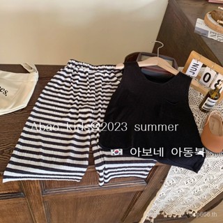 Korean childrens wear girls Internet celebrity summer suit foreign fashion black camisole striped pants two-piece suit trendy HTJE