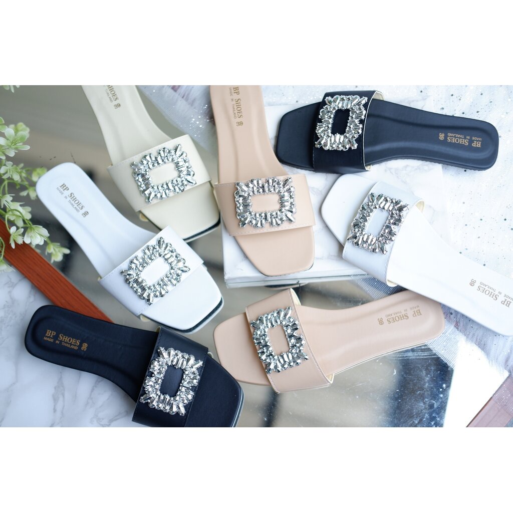 ไชร36-42-รหัสBP095-004รองเท้าแตะสวมหน้าเข็มขัดเพชรสี่เหลี่ยม-Square