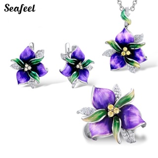 Seafeel สร้อยคอ ต่างหู แหวน จี้รูปดอกไม้ ฝังพลอยเทียม เครื่องประดับสตรี