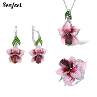 Seafeel สร้อยคอโซ่ จี้ทับทิมเทียม ฝังดอกไม้ เครื่องประดับสตรี ของขวัญ