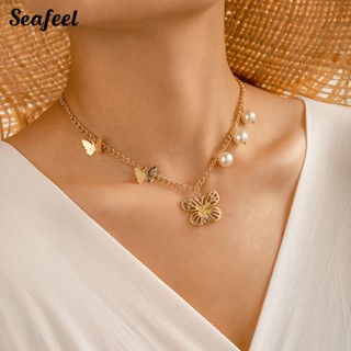 Seafeel สร้อยคอโซ่ โลหะผสม จี้ผีเสื้อ ประดับมุกเทียม เครื่องประดับ สําหรับผู้หญิง