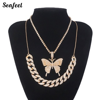 Seafeel สร้อยคอโซ่ จี้รูปผีเสื้อ สองชั้น ประดับพลอยเทียม เครื่องประดับสําหรับผู้หญิง