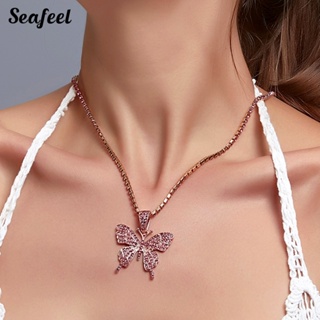 Seafeel สร้อยคอ จี้รูปผีเสื้อ ประดับพลอยเทียม สเตนเลส ชั้นเดียว สําหรับผู้หญิง