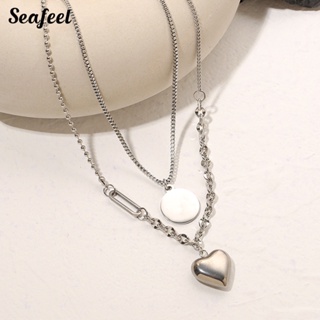 Seafeel สร้อยคอโซ่ จี้รูปหัวใจ ทรงกลม สองชั้น สไตล์ฮิปฮอป เรียบง่าย หรูหรา สําหรับผู้หญิง