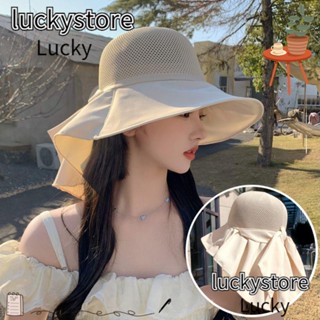 Lucky หมวกบักเก็ต กันแดด ประดับโบว์ ผ้าตาข่าย ป้องกันใบหน้า คอ เหมาะกับเดินชายหาด