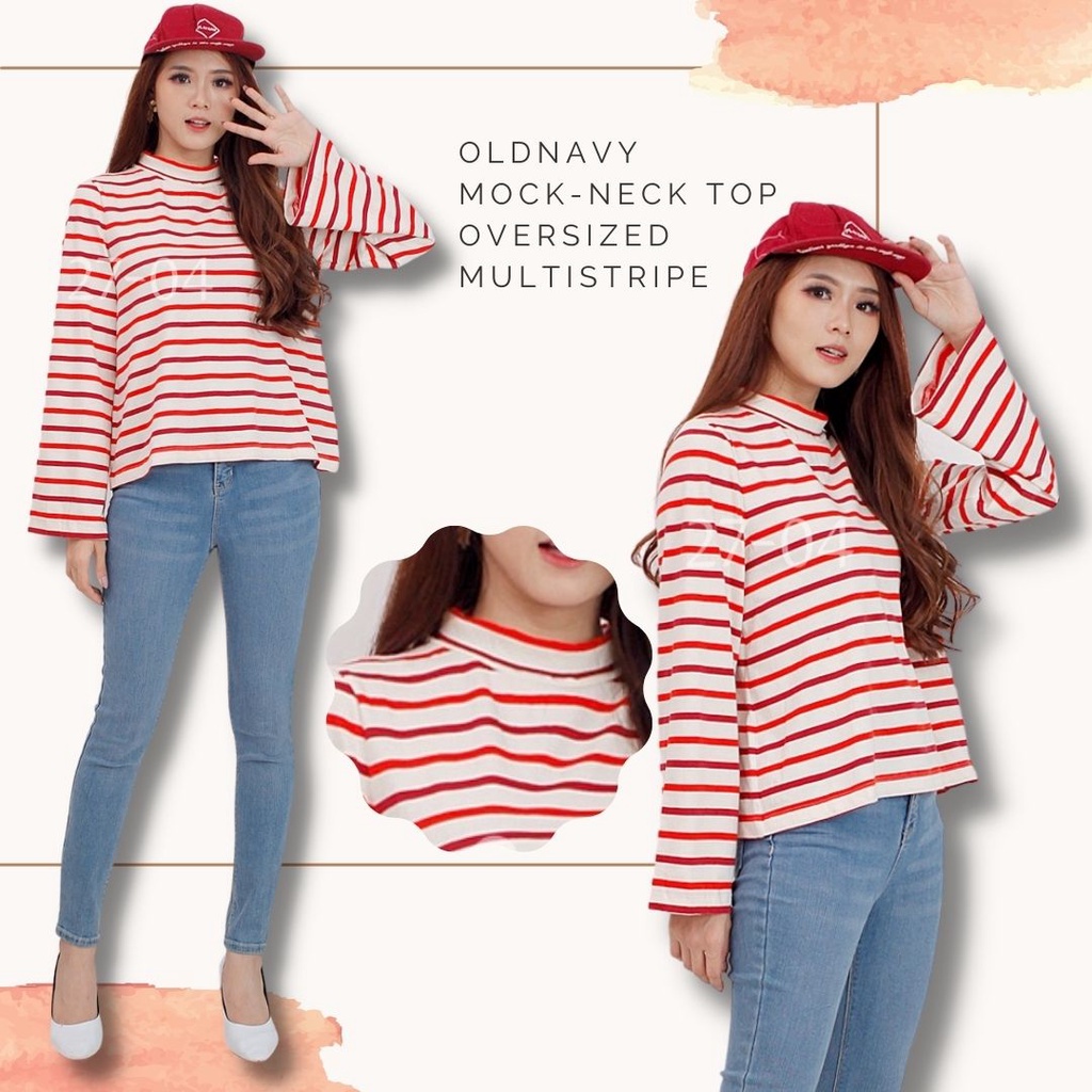 เสื้อยืดแขนยาวลายทางผู้หญิงคอปกสูง (ODN422 MOCK STRIPE TOP)