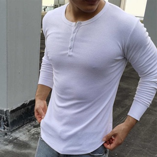 Autumn New Sports Long Sleeve Knitted Sweater Muscle Mens Casual Running T-shirt Button Tight Training Workout Clothes Top YTZb